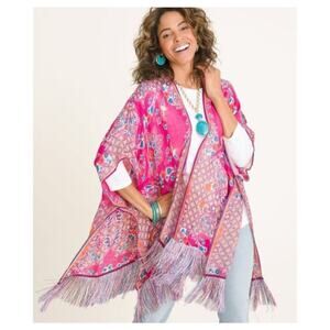 Chico's Colorful Pink Kimono Cover-Up Linen Blend Boho Fringe Beach Resort L/XL